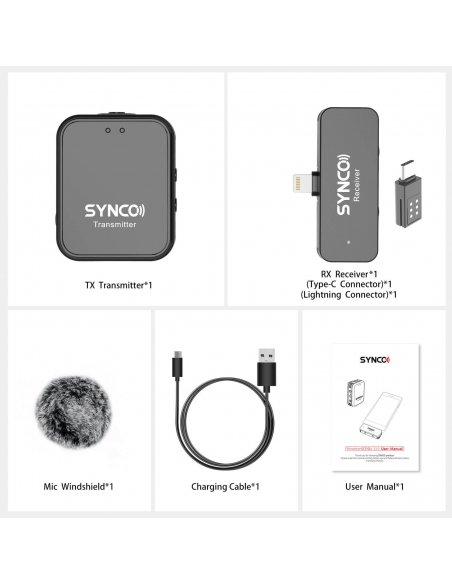Synco G1TL bezprzewodowy system mikrofonowy Apple Lighting z MFI + konektor USB-C, 1 nadajnik, 1 odbiornik, 2 konektory