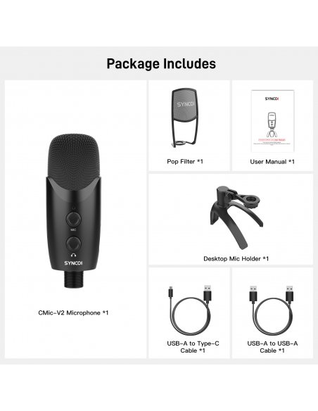 Synco V2 USB Condenser Microphone with POP filter and Monitor